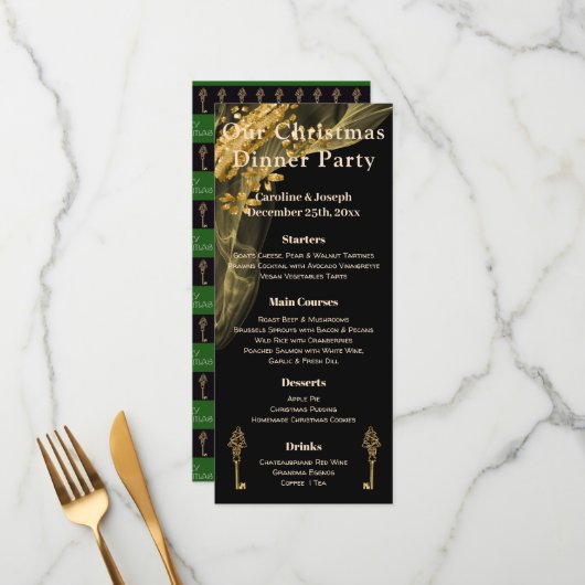 Menu de Noël chic noir et or avec arbre de Noël (Devant/Arrière en situation)
