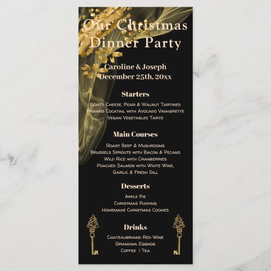 Menu de Noël chic noir et or avec arbre de Noël (Devant)