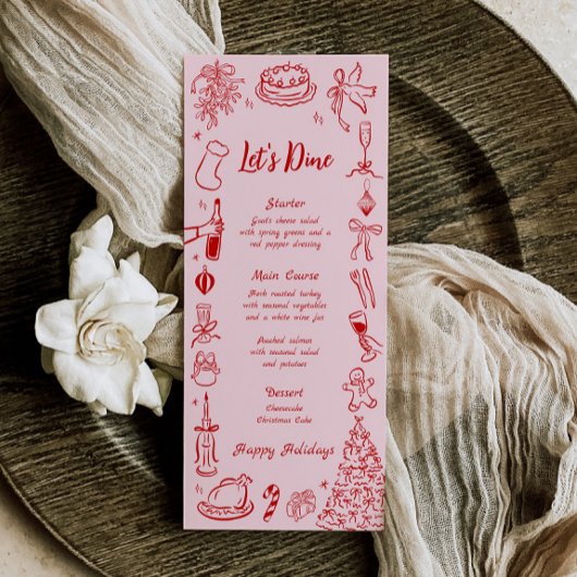 Menu de Noël Doodle Rose Menu de vacances amusant 
