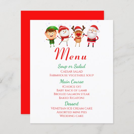 Menu de Noël Fête Santa Claus Rouge Vert (Devant / Derrière)