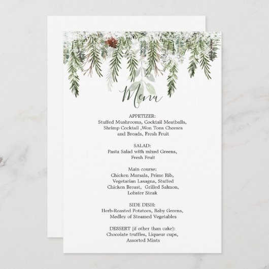 Menu de Noël Mariage Winter Greenery (Devant / Derrière)