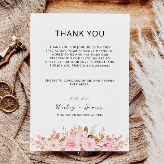 Menu de note de Merci de Mariage rose