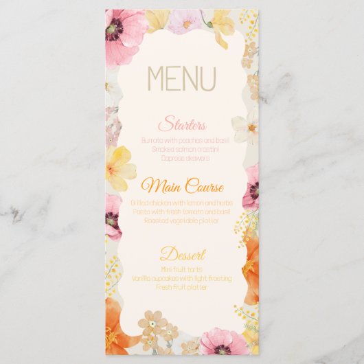 Menu de nourriture d'anniversaire Fleurs pastel or (Devant)