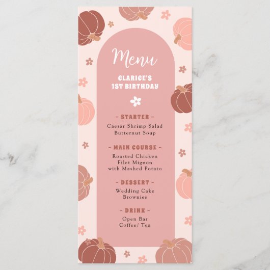 Menu de premier anniversaire Boho Pink Retro Pumpk (Devant)