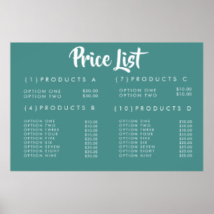Menu de prix de service Affiche imprimée sur mesur