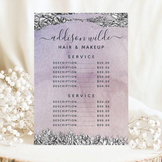 Menu de prix de service chic violet noir argent