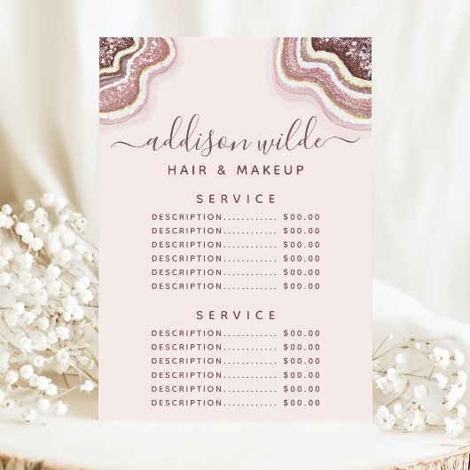 Menu de prix de service en agate pailletée rose go