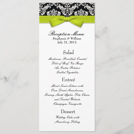 Menu de réception de mariage au vert avec noeud pa (Devant)