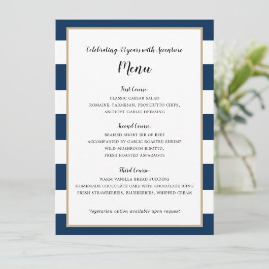 Menu de réception de mariage avec rayures bleu mar (Debout devant)