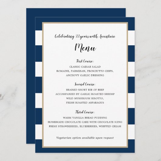 Menu de réception de mariage bleu marine rayé et o (Devant / Derrière)