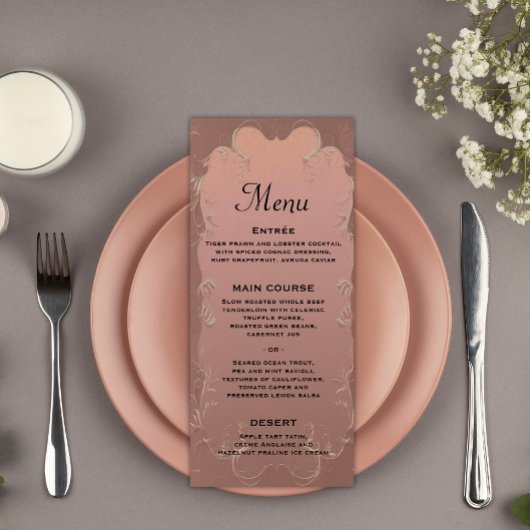 Menu de réception de mariage élégant en or rose