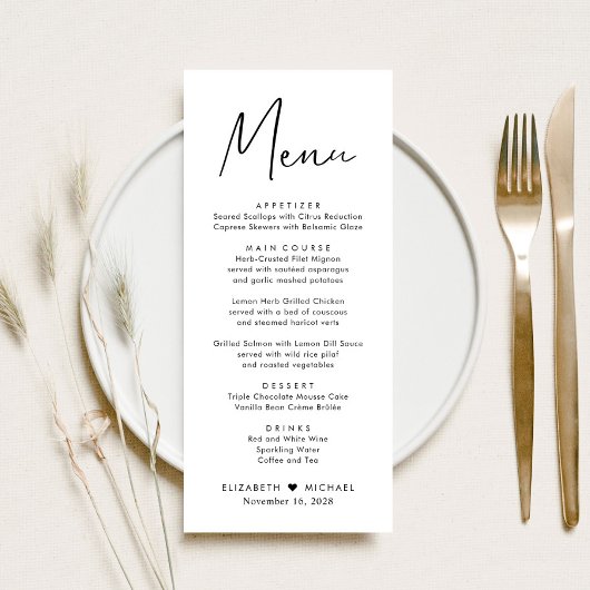 Menu de réception de mariage en écriture moderne