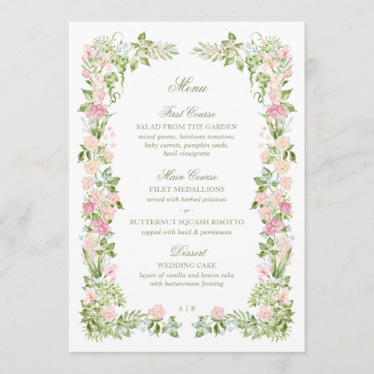 Menu de réception de mariage floral à l'aquarelle  (Devant)