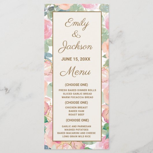 Menu de Réception de Mariage Floral Rose Pâle et V (Devant)