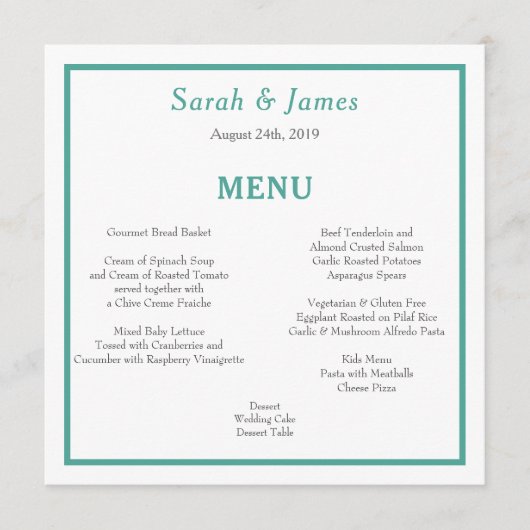 Menu de réception de mariage minimaliste turquoise (Devant)