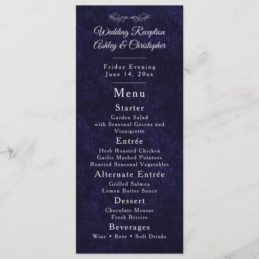 Menu de réception de mariage Navy Blue White Scrip (Devant)