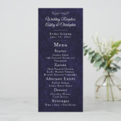 Menu de réception de mariage Navy Blue White Scrip (Debout devant)