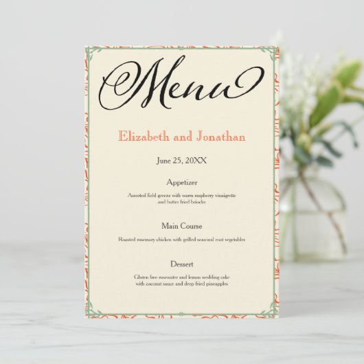 Menu de réception Mariage campagnard orange et Tur (Debout devant)