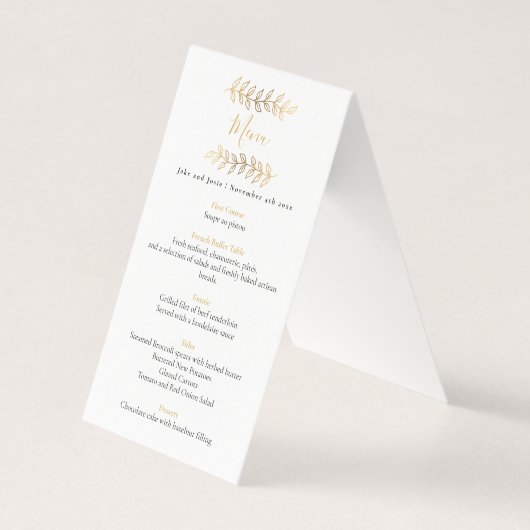 Menu de réception mariage feuille à effet or (Front)