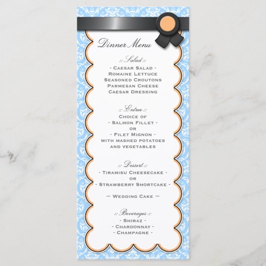 Menu de réception orange et bleu Mariage damassé (Devant)