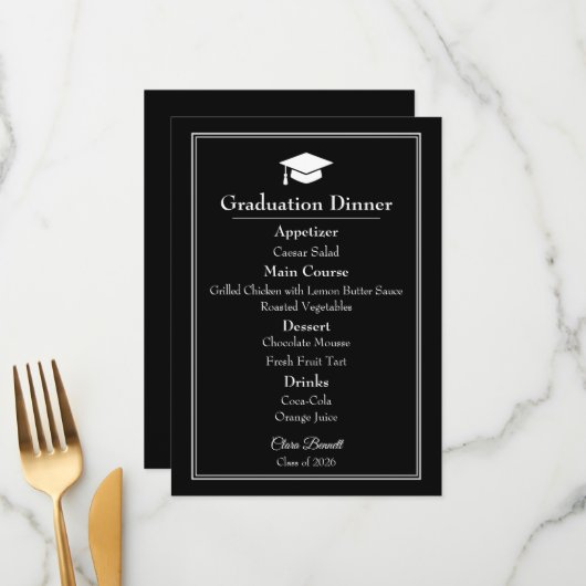 Menu de remise des diplômes 2026 noir et blanc mod (Devant/Arrière en situation)