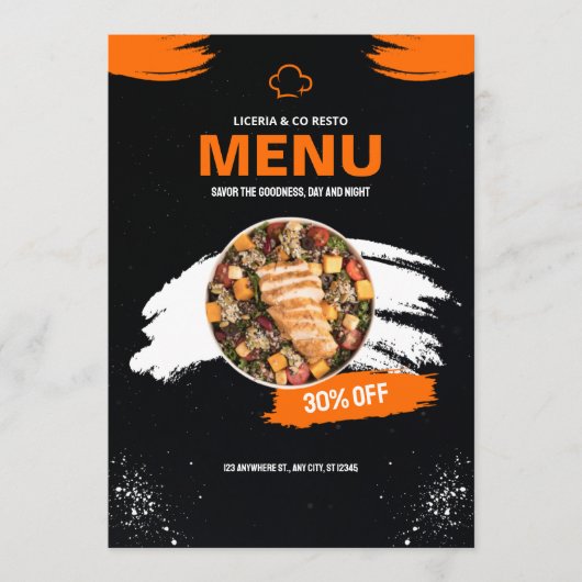 Menu de restaurant simple orange et noir, Restaura (Devant)