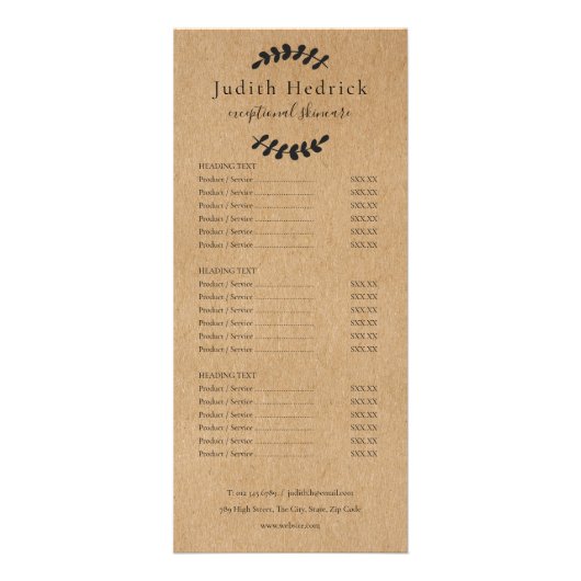 Menu de services de salon Kraft rustique aux feuil (Devant)