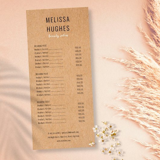 Menu de services de salon Kraft rustique moderne s