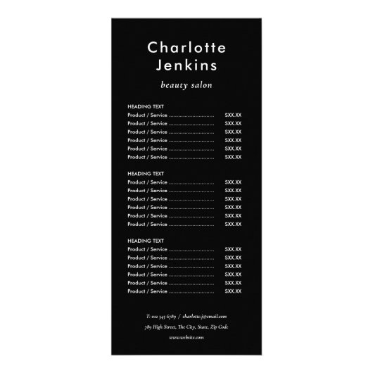 Menu de services de salon simple moderne noir et b (Devant)