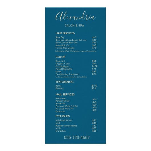 Menu de Spa de service Turquoise Blue Salon élégan (Devant)