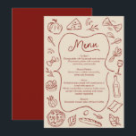 Menu de style italien dessiné à la main Rustique r<br><div class="desc">Améliorez votre réception de mariage avec cette carte de menu illustrée rouge et crème rustique. Caractérisée par des icônes de nourriture dessinées à la main et un design classique, cette carte de menu personnalisable ajoute une touche charmante à votre jour spécial. Parfaite pour mettre en valeur votre menu soigneusement sélectionné,...</div>