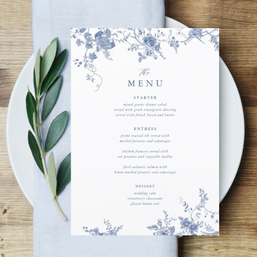 Menu de table de Mariage bleu victorien de 5x7"