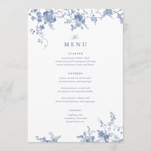 Menu de table de Mariage bleu victorien de 5x7" (Devant)