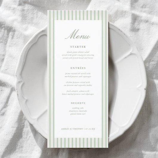 Menu de table de mariage classique aux rayures ver