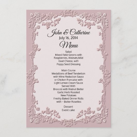 Menu de table de Mariage Floral Rose Dusty (Devant)