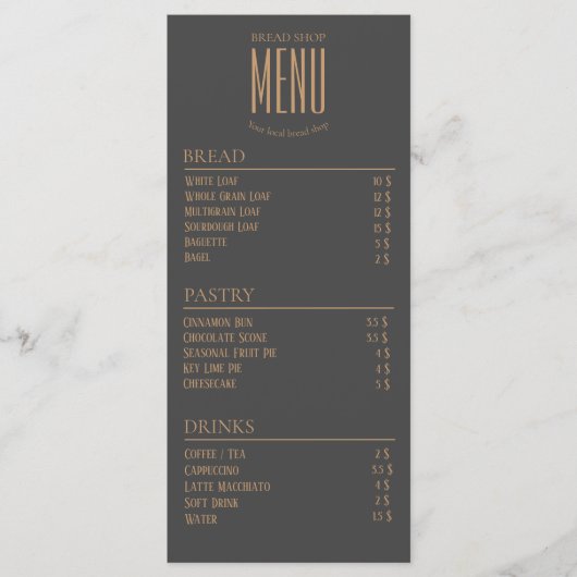 Menu de table de petit café de boulangerie (Devant)