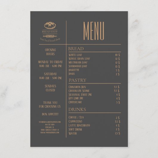 Menu de table de petit café de boulangerie (Devant)