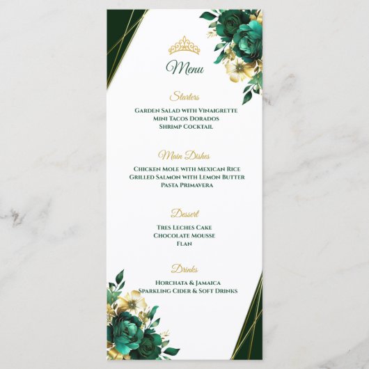 Menu de table Quinceñera vert émeraude et or (Devant)