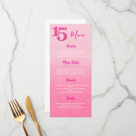 Menu de Table Rose Pailleté pour Quinceañera (Devant/Arrière en situation)