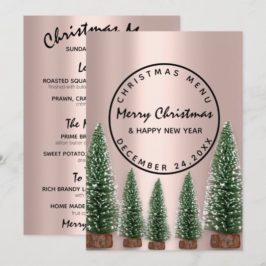 Menu de vacances de Noël hiver Rose Vert (Devant / Derrière)