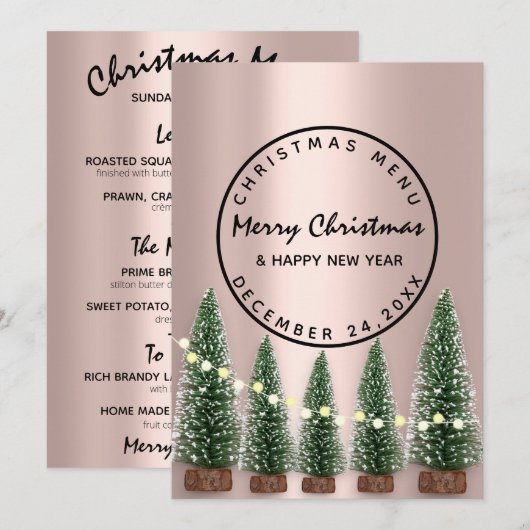 Menu de vacances de Noël hiver Rose vert clair (Devant / Derrière)