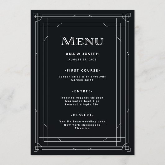Menu Déco moderne | Élégant Mariage noir et blanc Onyx (Devant)