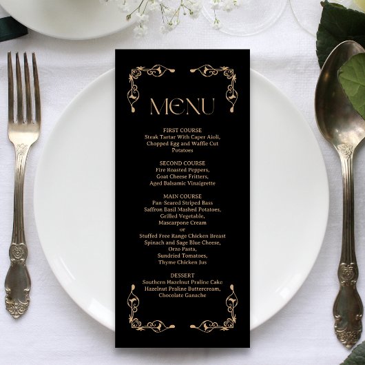 Menu Déco moderne | Élégant Mariage noir et or