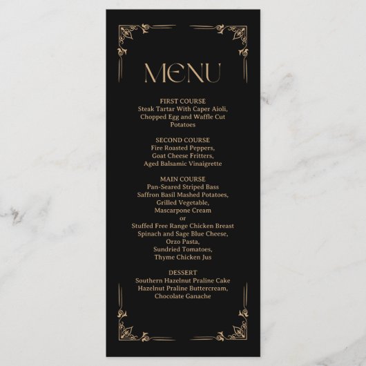 Menu Déco moderne | Élégant Mariage noir et or (Devant)