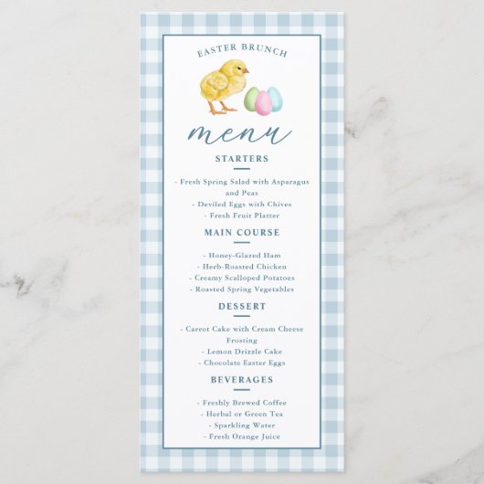 Menu Déjeuner de Pâques au gingham bleu avec poussin et (Devant)