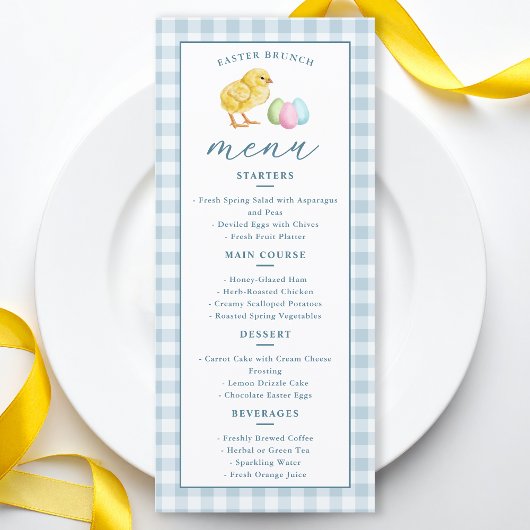 Menu Déjeuner de Pâques au gingham bleu avec poussin et