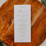 Menu Délicat Gold Calligraphy Nom d'invité Mariage<br><div class="desc">Cette délicate carte de menu mariage de calligraphie dorée est parfaite pour un mariage moderne. Le design minimaliste romantique présente une belle et élégante typographie de champagne jaune doré sur un arrière - plan blanc au look épuré et simple. Ce menu peut être utilisé pour une réception de mariage, un...</div>