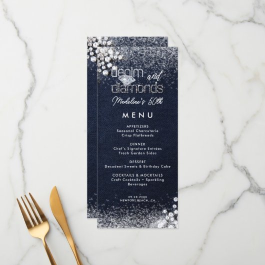 Menu Denim Diamonds Bling Classy Elegant Birthday Party (Devant/Arrière en situation)
