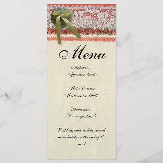 Menu Dentelle Rose Antique Rouge Rustique Burlap Victor (Devant)