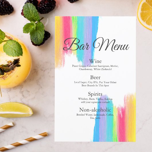 Menu des boissons de mariage chic aquarelle arc-en